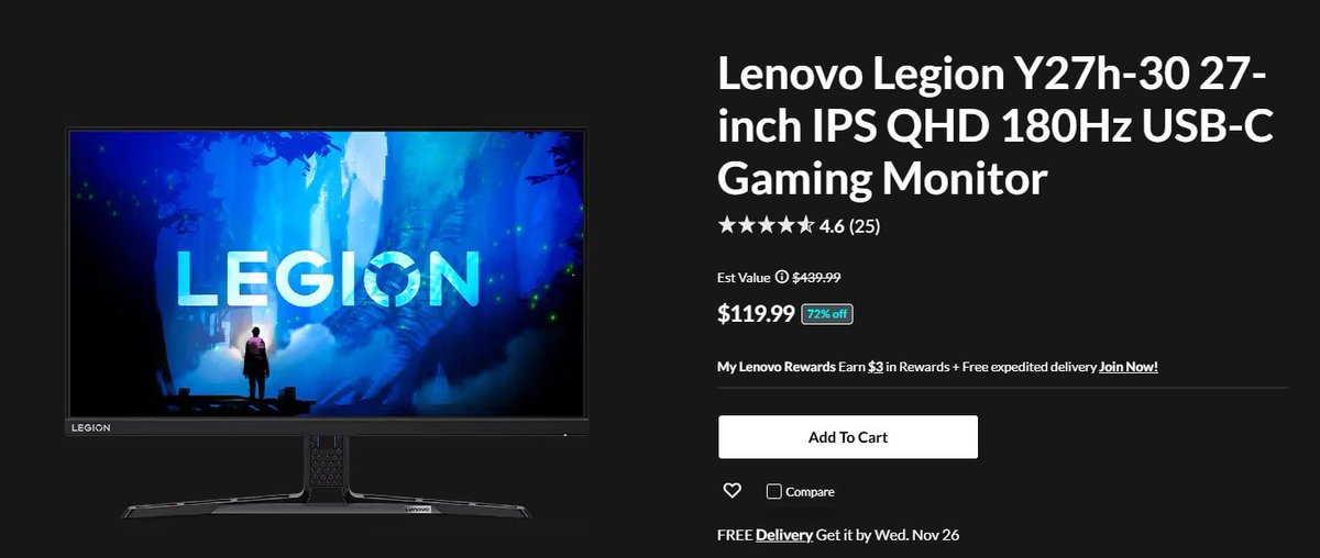 Lenovo Legion Y27h-30 27-inch IPS QHD 180Hz USB-C Gaming Monitor