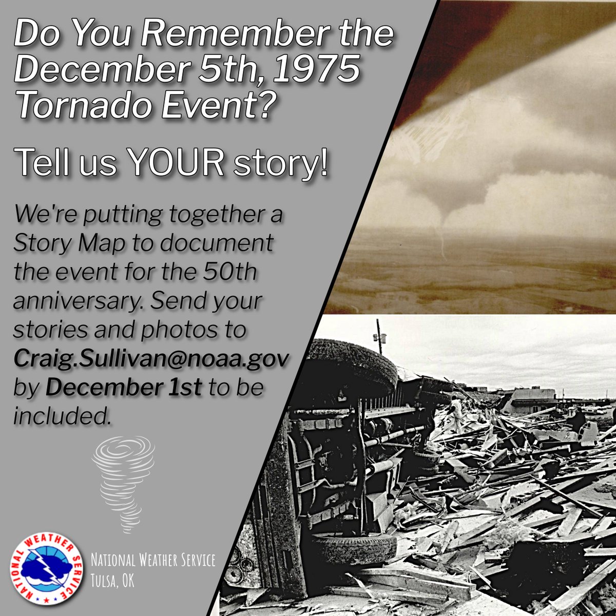 NWStulsa's tweet photo. ICYMI - We're collecting stories and photos from those who survived the December 5th, 1975 tornado outbreak in eastern Oklahoma to be featured in our 50th anniversary retrospective StoryMap. #okwx https://t.co/cgva5Ka4xd