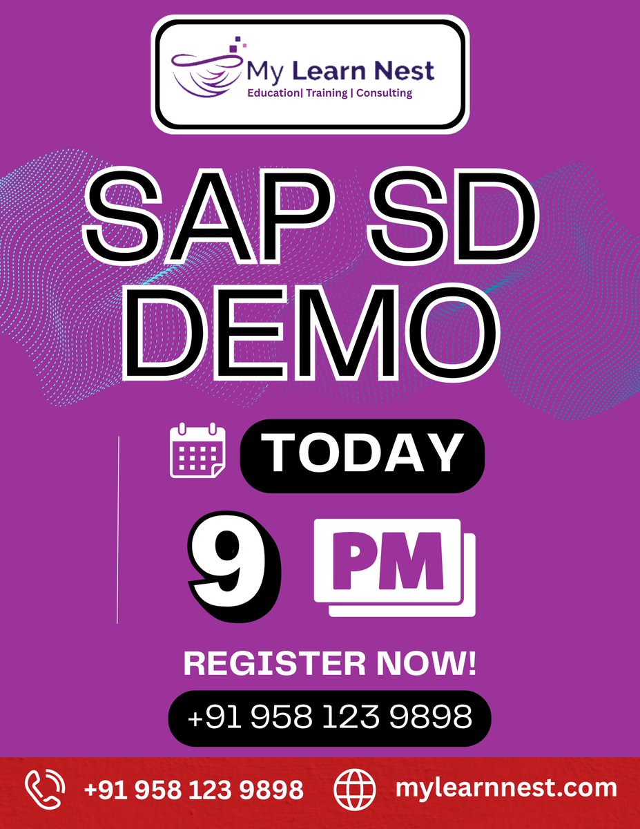 MylearnNest's tweet image. 🚀 SAP SD DEMO – LIVE TODAY at 9 PM!

Looking to build your career in SAP? Don’t miss this exclusive SAP SD (Sales &amp;amp; Distribution) demo session by MyLearnNest.

📞 Register Now: +91 958 123 9898
🌐 mylearnnest.com
#SAPSD #SAPSDTraining #SAP