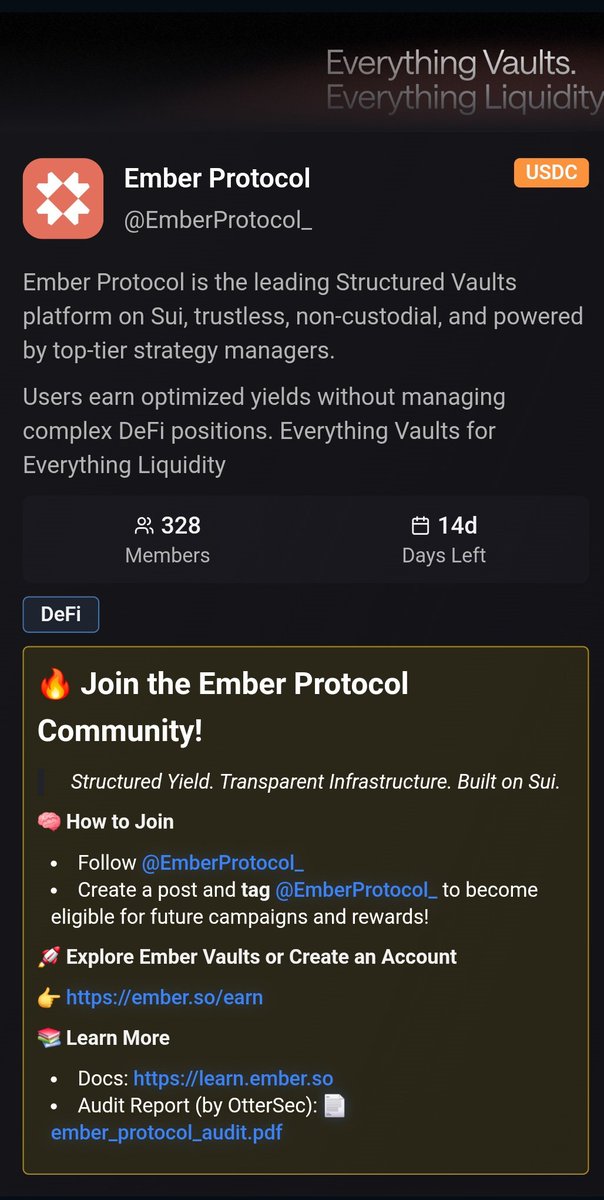 Ahmed1253675's tweet image. 🔥 Joining the @EmberProtocol_ campaign with @GiveRep!
Structured, transparent, and trustless yield on Sui — Ember Vaults deliver optimized returns without managing complex DeFi positions.
Everything Vaults. Everything Liquidity.
#EmberProtocol #DeFi 🚀