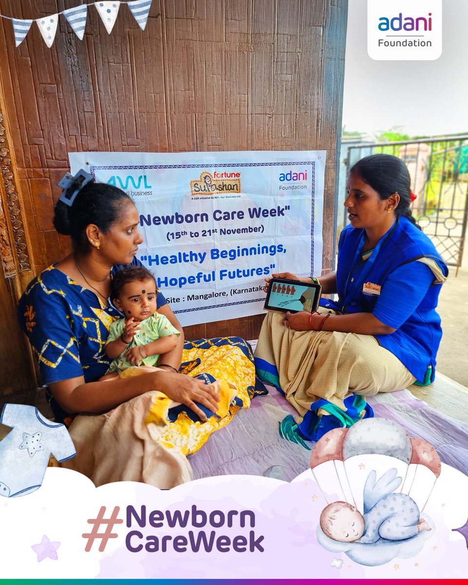 AdaniFoundation's tweet photo. As #NewbornCareWeek 2025 ends, @FortuneSuPoshan ‘s 520+ Sanginis reached 21,500+ people with 3,200+ counselling sessions. Early care builds lifelong health. Every touch, every time, every baby matters.
#Impact #Healthcare #AdaniFoundation https://t.co/Rd4vEwXPYO