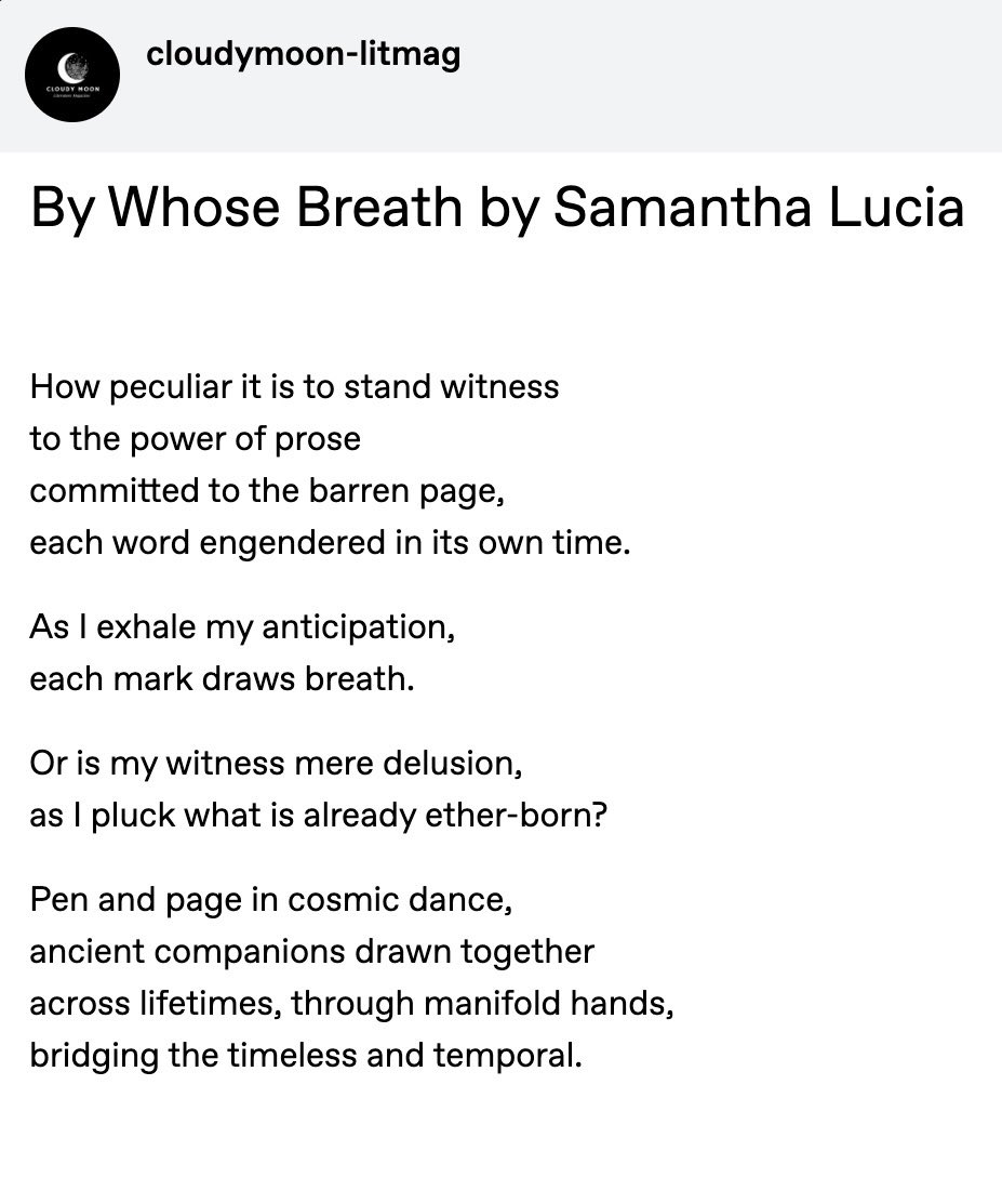 iamsamanthalulu's tweet image. Thank you, cloudymoon lit mag, for publishing my poem and supporting my work.

#poetry #poetrycommunity #LiteraturePosts #queerpoet
