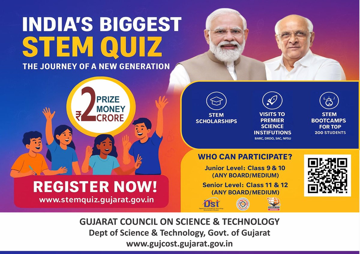 Fuel your curiosity. Challenge your mind. Shape your future.

The #NationalSTEMQuiz 4.0 is here with STEM Scholarships worth Rs.2.00 Crore to spark the #scientist within every young learner!

Students across the country are invited to register at: stemquiz.gujarat.gov.in
🗓️ Last