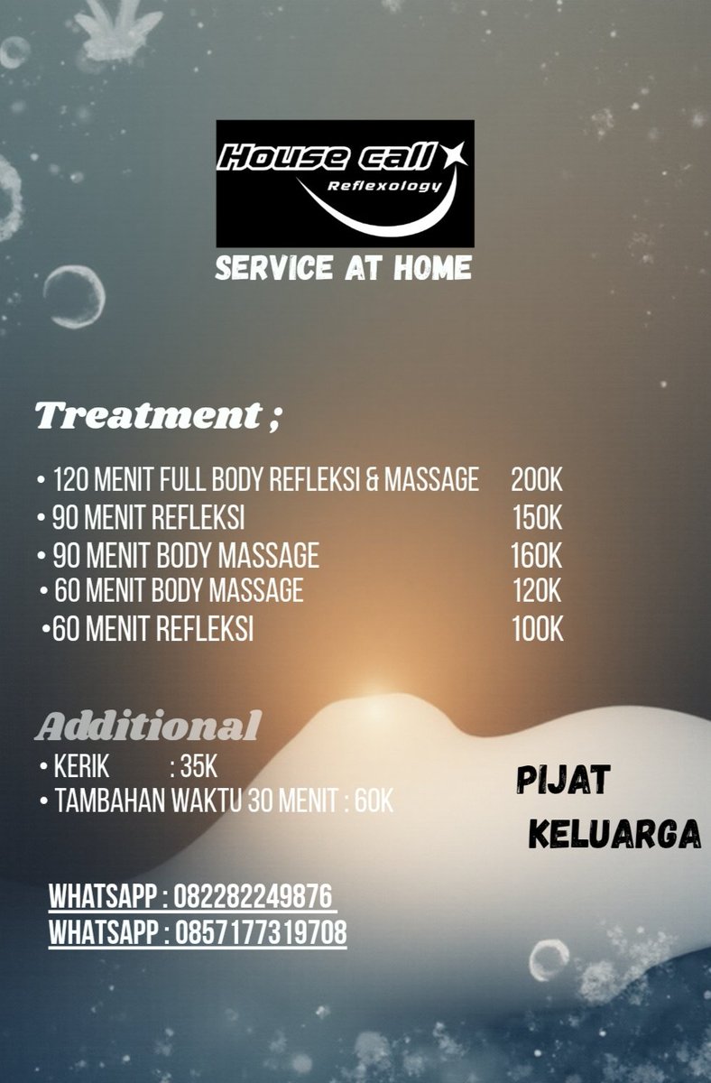 ghosip_s's tweet photo. Hallo semuanya..

Kami mau menawarkan jasa pijat panggilan kerumah/home service untuk area jakarta timur dan sekitarnya. Layanan yang kami tawarkan:

REFLEXY
BODY MASSAGE

Jika bapak/ibu berminat bisa langsung menghubungi kami di  nomer yg tercantum ya🙏
SALAM SEHAT SELALU https://t.co/yhZYnwofvW
