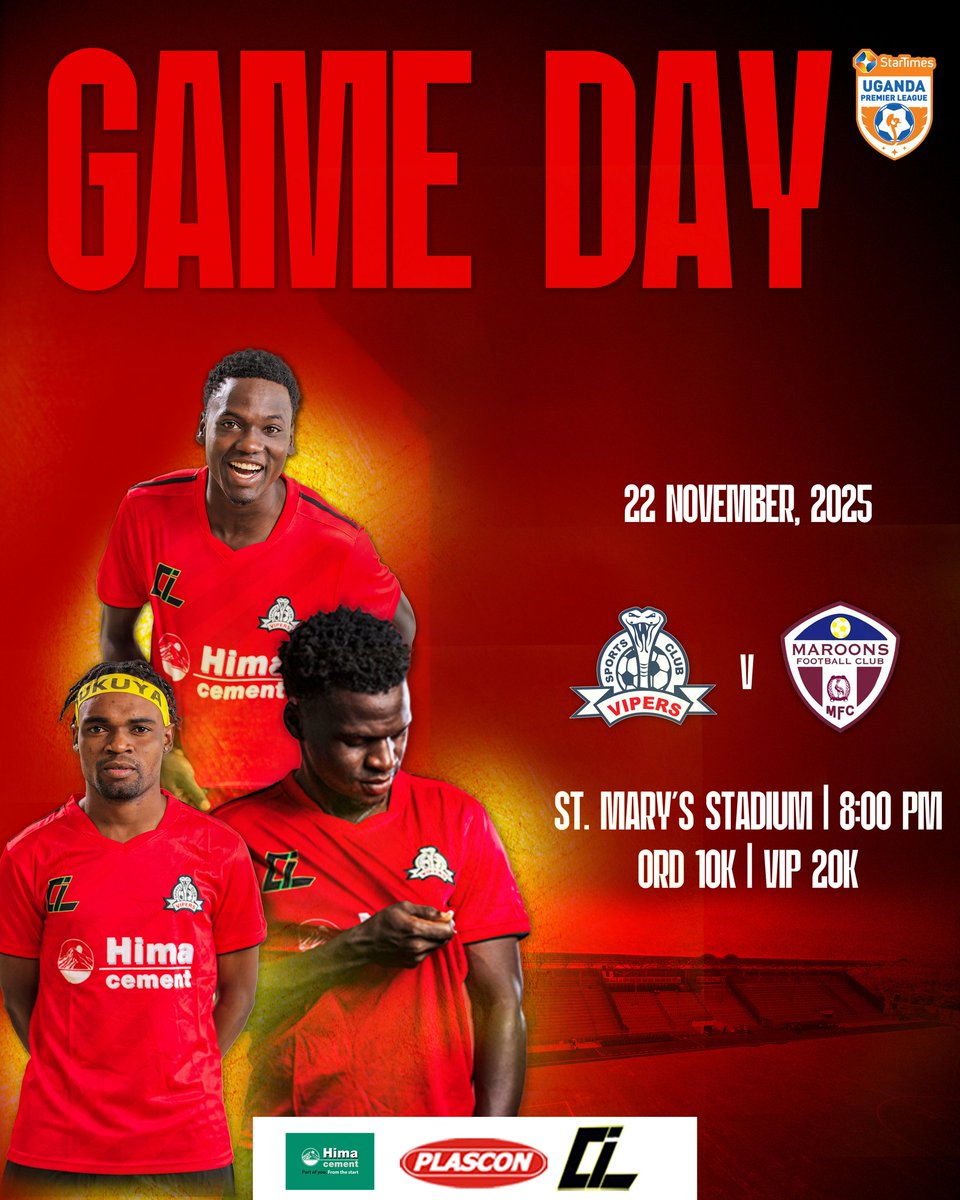𝐌𝐀𝐓𝐂𝐇  𝐃𝐀𝐘!!! 𝐌𝐀𝐓𝐂𝐇  𝐃𝐀𝐘!!! ✊🏿

⚽ | Match Day No. 07
🏆 | Uganda Premier League
🔜 | Vipers SC FC 🆚 Maroons FC 
📆 | Saturday, 22/11/2025
⌚ | 8:00PM 
📍 | St Mary’s Stadium, Kitende  
📺 | Sanyuka Prime 

#VIPMAR || #VenomsUpdates || #OneTeamOneDream ||