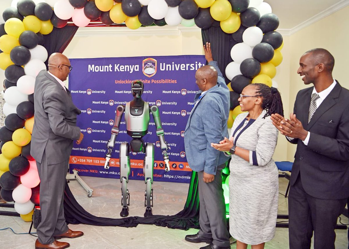 C_NyaKundiH's tweet image. Mount Kenya University (MKU) Chairman and founder, Prof. Simon Gicharu,  officially unveiled the MKU Robotics, AI, Data Science &amp;amp; Immersive Technologies Lab, a first of its kind in the region. During the launch, the university also unveiled the Walker E Educational Humanoid…