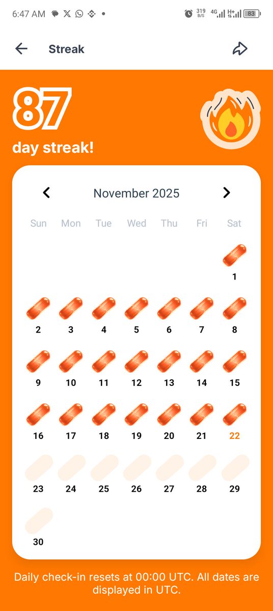 GM GM
Day 87 on orange dynasty 
Consistency beats motivation  every single time
you don’t need to feel inspired daily you just need to show up daily
Small steps,repeated action,Quiet progres

discipline built the life motivation couldn’t

Stay consistent Keep going
GM fam 😌