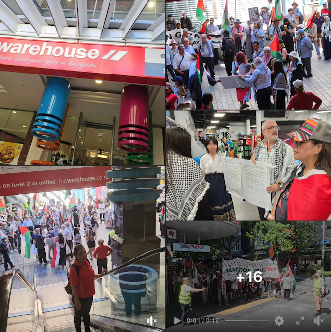 DavidRobie's tweet photo. Pro-Palestinian  demonstrators marched on the Warehouse in downtown Auckland today to protest over the sale of products by the genocidal state of Israel. #AsiaPacificReport #TheWarehouse #sodastream #protestletter @BDSmovement @palestine @OnlinePalEng 
https://t.co/jLbwrcUnLB https://t.co/qY2hMDlrk1