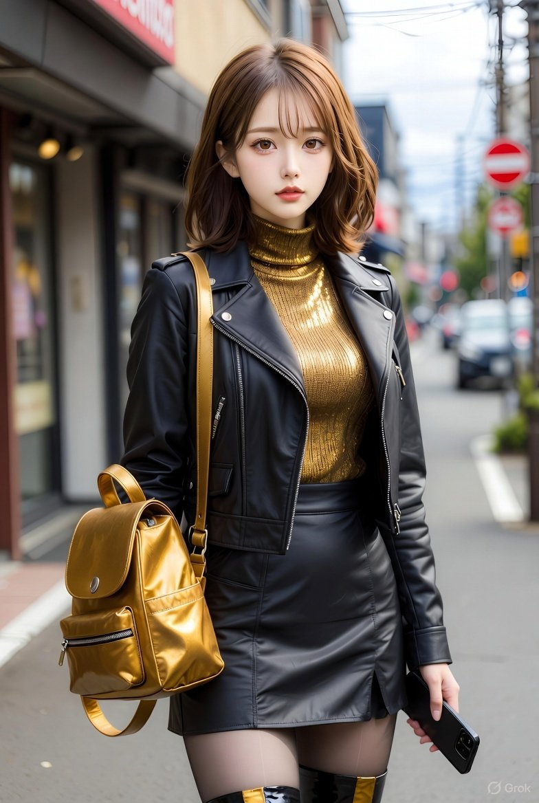 leatherstorage's tweet image. レザーのライダースジャケット、レザーのミニスカート、ロングブーツなどのコーディネートで、タートルネックニットとリュックサックは黄金色で揃えています。
#GrokAI #Grok画像 #AIart