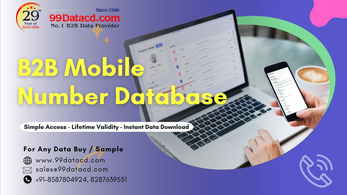 datacdprovider's tweet image. Verified B2B Mobile Number Database for Leads &amp;amp; Sales

Contact for inquiries / free sample data:
Contact: +91-8587804924, 8287639551
Email: sales@99datacd.com
Website: bit.ly/mobile-number-…
.
#MobileNumberDatabase #mobilenumberdataforcalling #b2bmobilenumberdata #99DataCD
