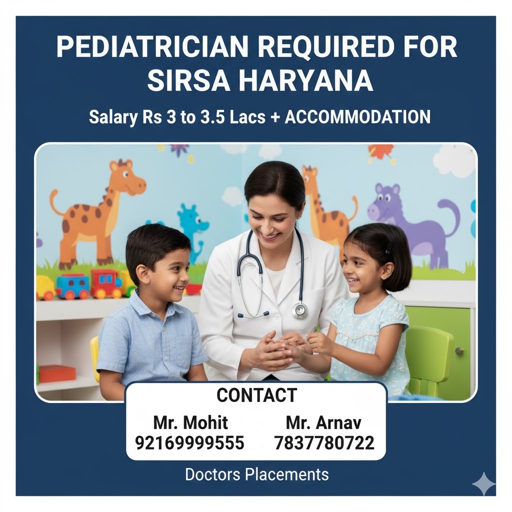 DocPlacements's tweet image. Pediatrician Required for Sirsa Haryana

Salary : 3 to 3.5 Lacs + Accommodation

Contact : Mr. Mohit

+91 9216 999 555

+91 7837 780 722

Doctors Placements

#pediatricianjobs

#doctorJobs

#hiringPediatrician

#medicalJobs

#healthcareJobs

#pediatricsCareer

#healthcare