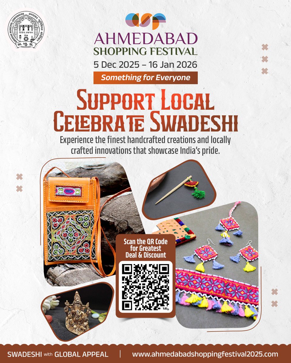 amdshoppingfest's tweet image. Support Local, 
Celebrate Swadeshi🧵

Experience Ahmedabad’s artistry—shop authentic handmade crafts and support India’s creative pride. 

Ahmedabad Shopping Festival
5 Dec 2025 to 16 Jan 2026
Something for Everyone

#ASF2025 #AhmedabadShoppingFestival2025 #SomethingforEveryone…