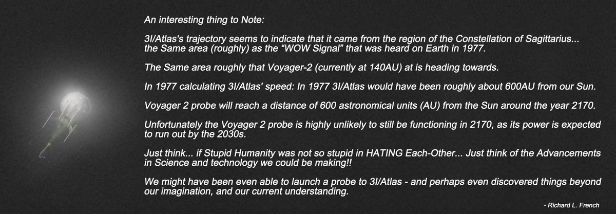 RichFrench2744's tweet image. An interesting thing to Note on:
3I/Atlas;  The &quot;WOW Signal&quot; ; and Voyager-2 probe:

#Voyager2 #3IATLAS #WowSignal #Humanity #Space #Mankind