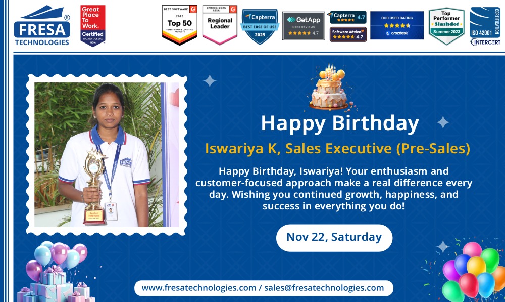 fresatechnology's tweet image. 🎊 Happy Birthday, Iswariya! 

🔗 Visit us: fresatechnologies.com
📧 sales@fresatechnologies.com

#FresaTechnologies #FreightForwarding #ERPforLogistics #FreightSolutions #SoftwareRecognition #BirthdayWishes #CheersToSuccess #CelebrateGrowth #TeamSuccess