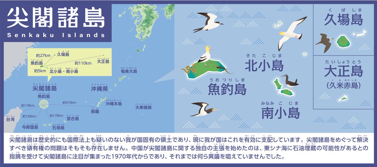 ryodoshuken's tweet image. 尖閣諸島は歴史的にも国際法上も疑いのない我が国固有の領土であり、現に我が国はこれを有効に支配しています。尖閣諸島をめぐってそもそも解決すべき領有権の問題は存在しません。cas.go.jp/jp/ryodo/tenji…