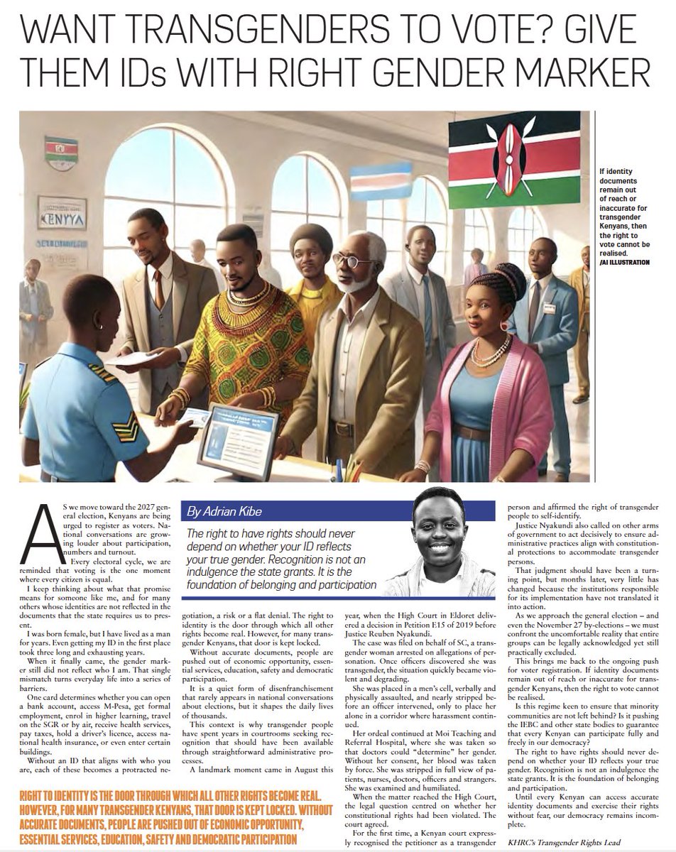 thekhrc's tweet image. The Kenyan government must issue ID cards to transgender Kenyans with the correct gender markers to enable their participation in elections, writes KHRC’s @AdrianMuchugu.
#TransAwarenessWeek