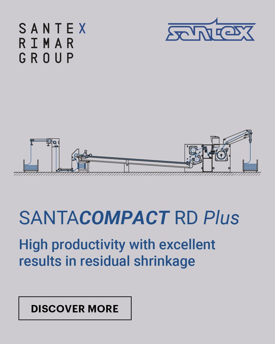MagazineTextile's tweet image. Experience minimal residual shrinkage for natural and man-made fiber fabrics with SANTEX RIMAR&apos;s advanced compacting technology. Precision handling through three compacting zones ensures superior fabric quality.
🔗 𝐋𝐞𝐚𝐫𝐧 𝐦𝐨𝐫𝐞: santexrimar.com/brands/santex/…

#SANTEXRIMAR