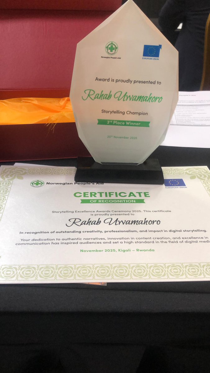ucariner's tweet photo. Unlock The Village won 3rd place for Best Storytelling!
This win is for everyone who watched, shared, and believed. 
To all dreamers  start where you are,your story can open doors. 
thank you @afrimedia_rw @NPA_Rwanda @Glihd_Rwanda @SolangeAyanone for empowering young voices. https://t.co/33wAJvXRUj