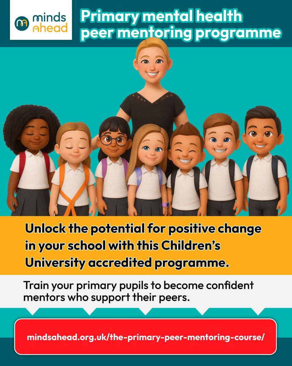 Minds_Ahead's tweet image. Give your pupils the tools to lead positive change — from the playground to the classroom.
👉 Learn more: buff.ly/BBhYpsm￼
#PrimaryWellbeing #PeerMentoring #MindsAhead #ChildrensUniversity #SchoolMentalHealth #EmpoweredPupils #WellbeingInSchools #EarlyIntervention