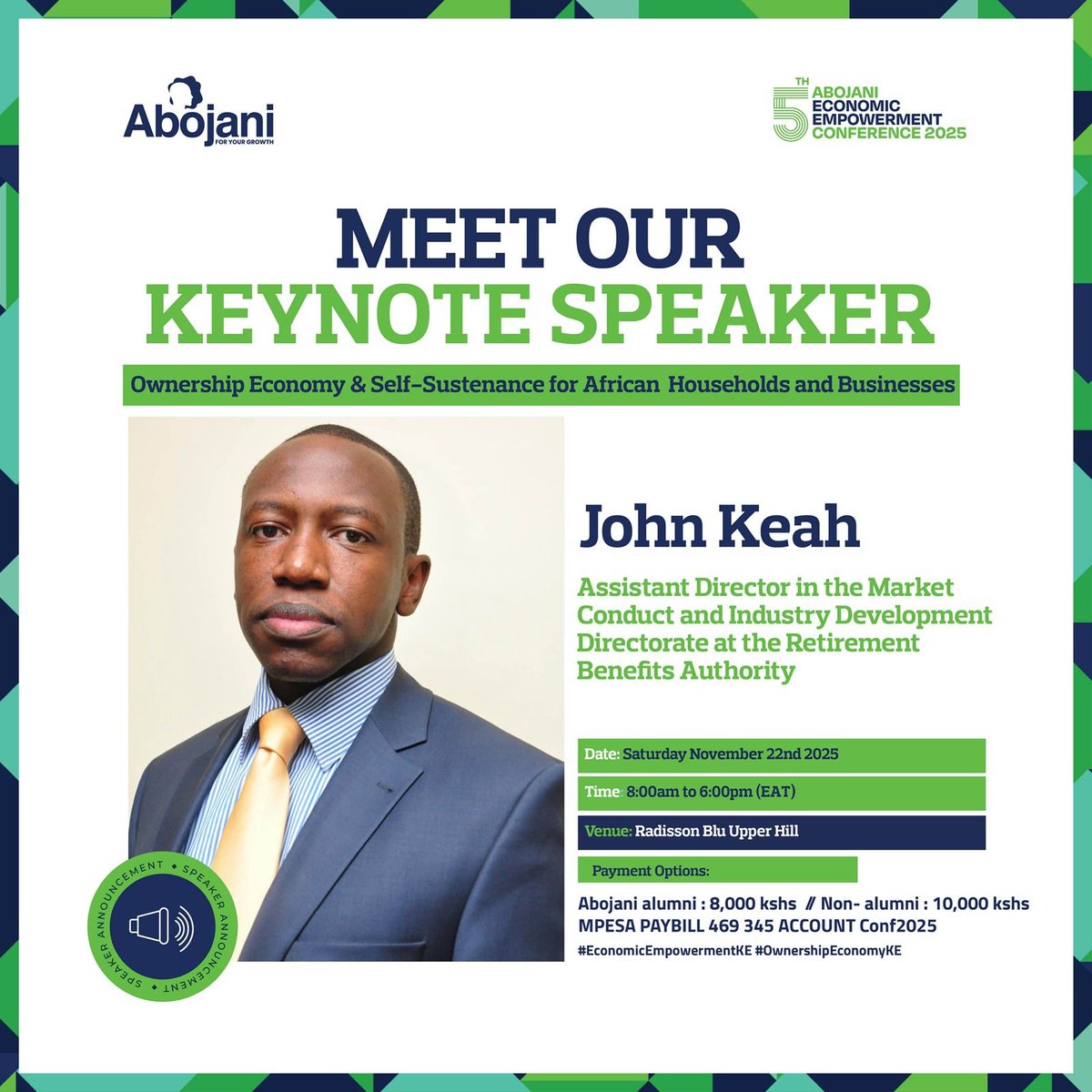 Coming up next...

Keynote Address by John Keah, Assistant Director, Market Conduct &amp; Industry Development Directorate, <a href="/RBAKenya/">RBA Kenya Official</a>

Topic: Retirement Planning as a Gateway to Ownership

#EconomicEmpowermentKE #OwnershipEconomyKE