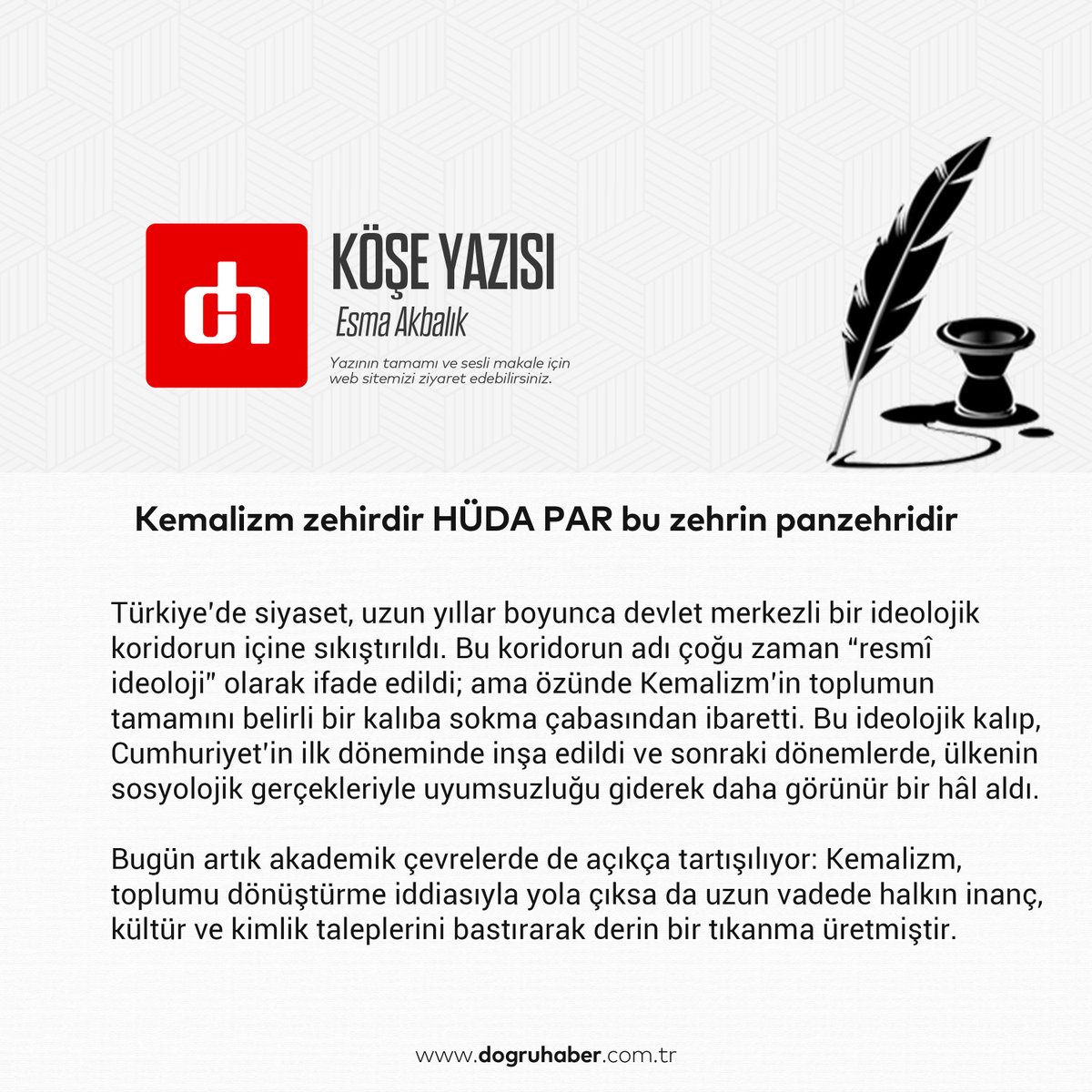 ✍️ KÖŞE YAZARI | Esma Akbalık

🗣Kemalizm zehirdir HÜDA PAR bu zehrin panzehridir

📍 YAZININ DEVAMI İÇİN; 
dogruhaber.com.tr/kemalizm-zehir…