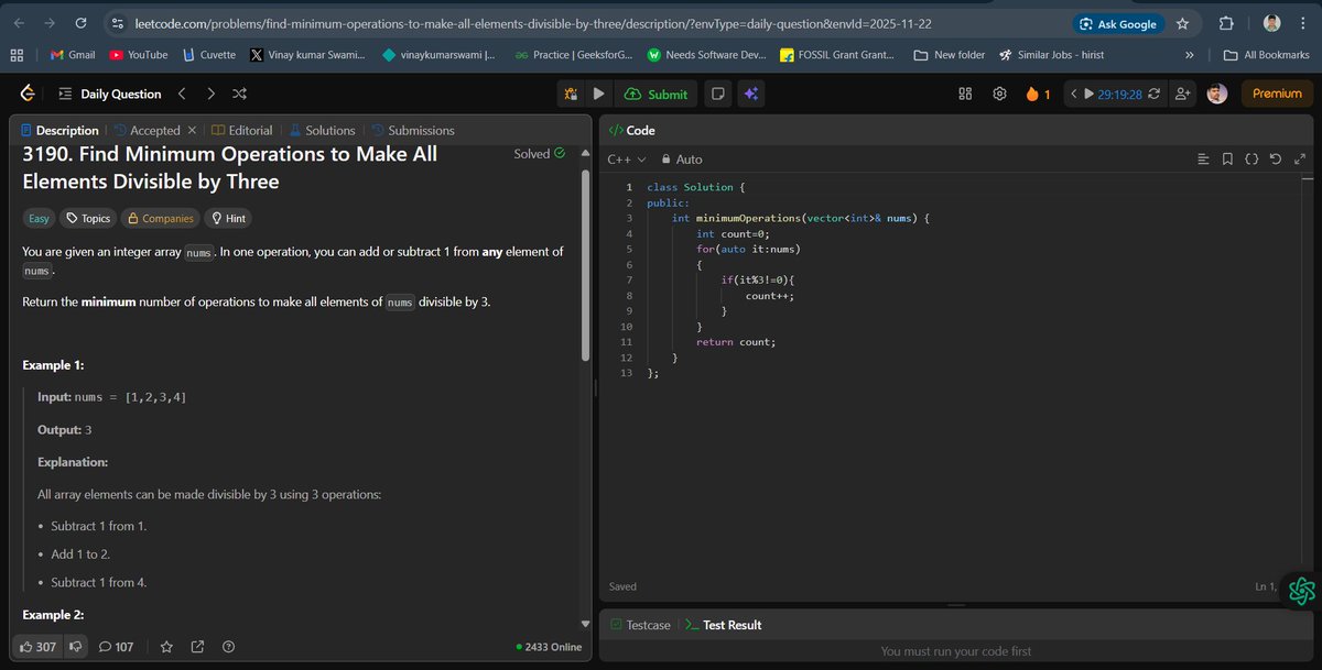 vinayswami2020's tweet image. 22/11/2025  pod 3190. Find Minimum Operations to Make All Elements Divisible by Three #LeetCode #CodingChallenge #Programming #DSA #100DaysOfCode #letsConnect #GFG #developers #WebDevelopment #Java #coderarmy