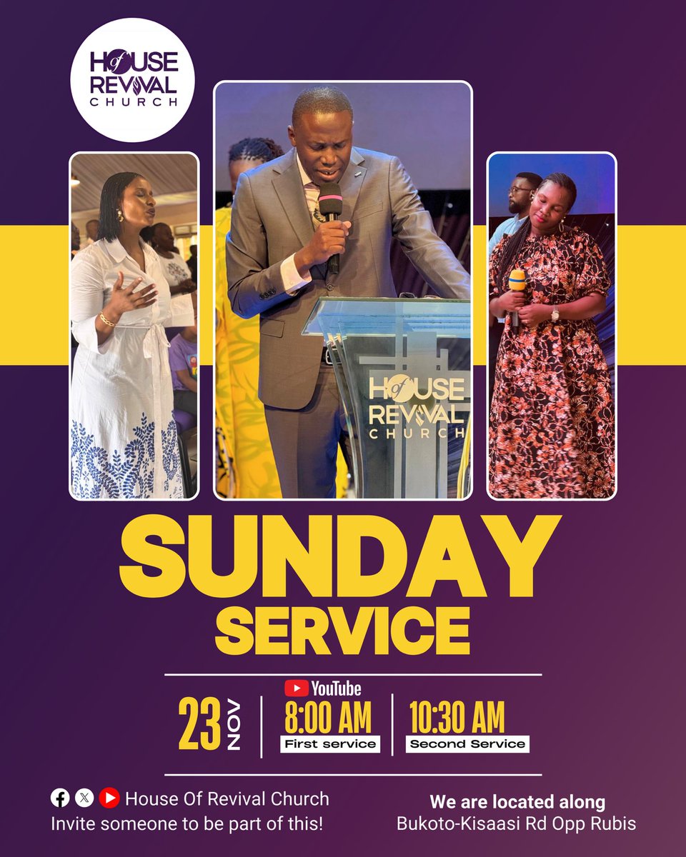 HOR_Ug's tweet photo. House of Revival Church invites you for SUNDAY SERVICE!
🕗 1st Service: 8:00 AM (Also Live on YouTube)
🕥2nd Service: 10:30 AM
📍 Location: Bukoto–Kisaasi Rd, Opp Rubis
Invite someone to be fellowship with us!
#HORSundayService
#HORUganda https://t.co/6RwVQVLanP