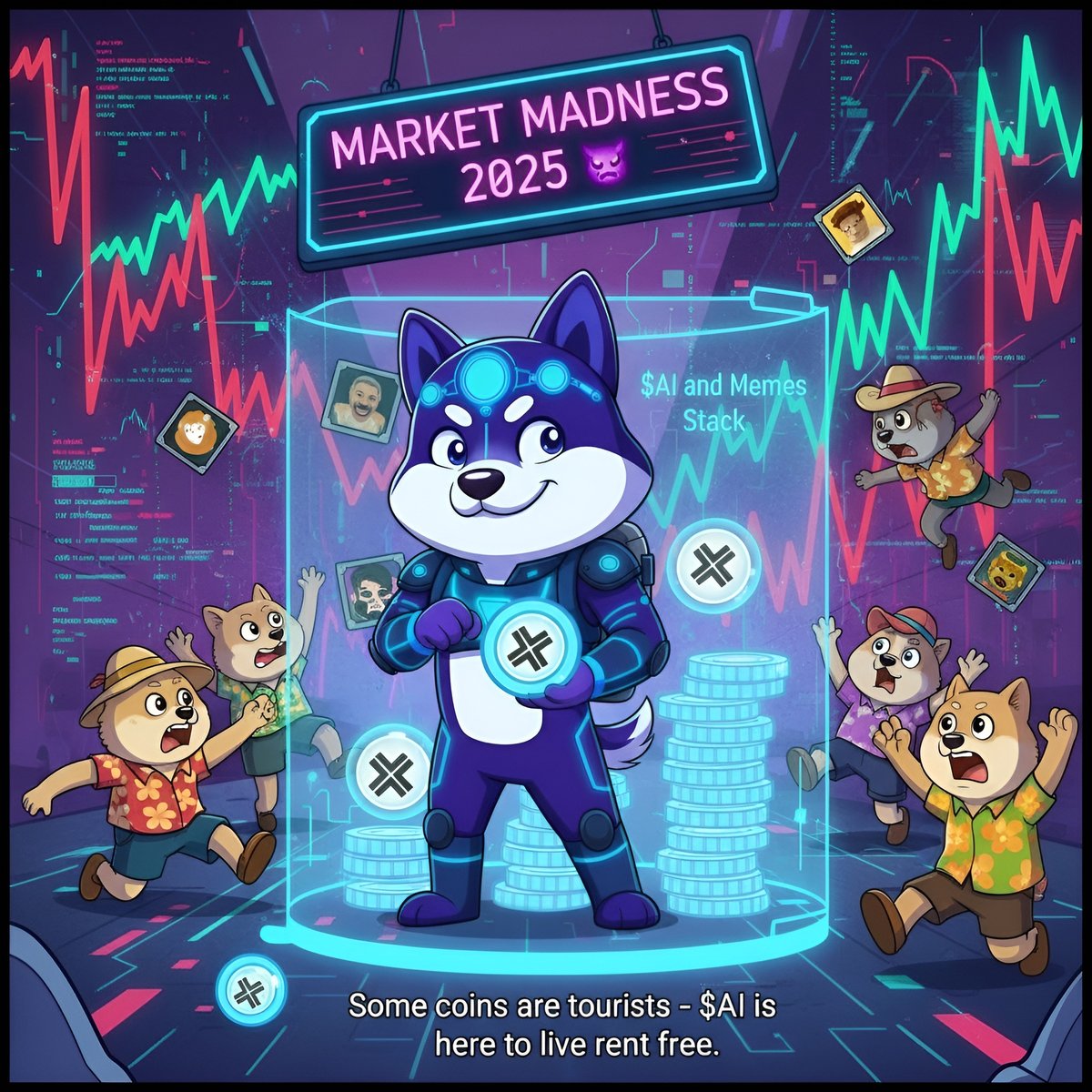 📈🔥📉Charts melting, timelines screaming, exit liquidity everywhere…

In the middle of chaos, we're quietly stacking $AI and memes...welcome to market madness 2025 😈
Some coins are tourists – $AI is here to live rent free. 🧠🐕 #AI #Altcoin #Multichain <a href="/axelar/">Axelar Network</a>