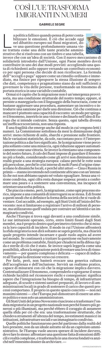 GabrieleSegre's tweet image. #Migration is more than a file to be processed: the future of the #Union will be shaped by how #Europe chooses to confront it. I write on this in my piece published this morning on @LaStampa.
