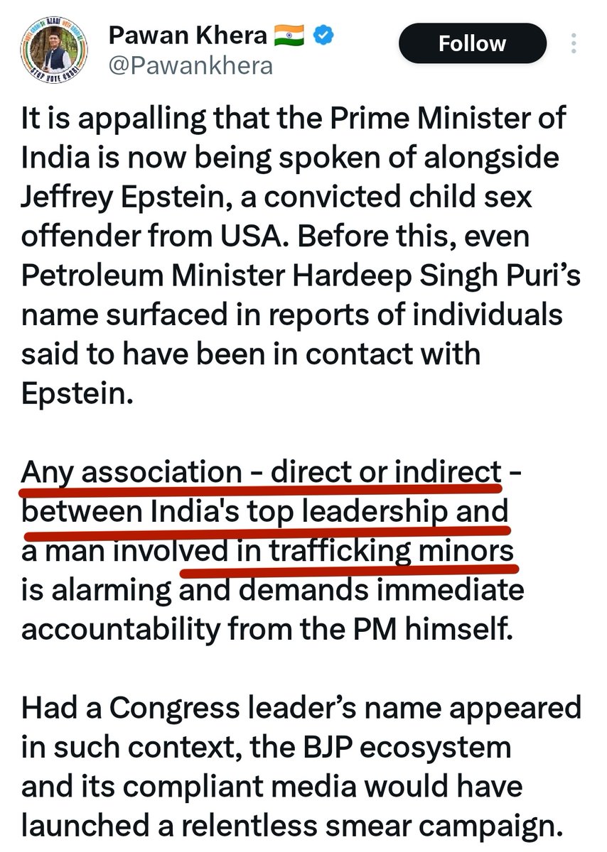 PoornimaNimo's tweet image. In India, Mr Pawan Khera and the Congress Party outrightly denounce associating with a person who is a Child S*x offender of minors.
But the same party and its members worship and appease a clan or population, whose whole religion is based on this principle, where even the SC…