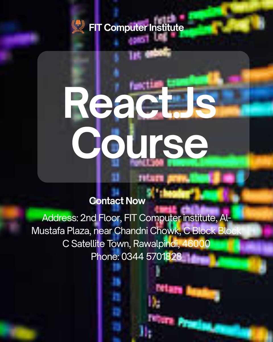 FitComputer's tweet image. React .Js Course In Rawalpindi &amp;amp; Islamabad
futureittechnology.com/react-js-cours…

futureittechnology.co
Address: 2nd Floor, FIT Computer institute, Al-Mustafa Plaza, near Chandni Chowk, C Block Block C Satellite Town, Rawalpindi, 46000

Phone: 0344 5701828