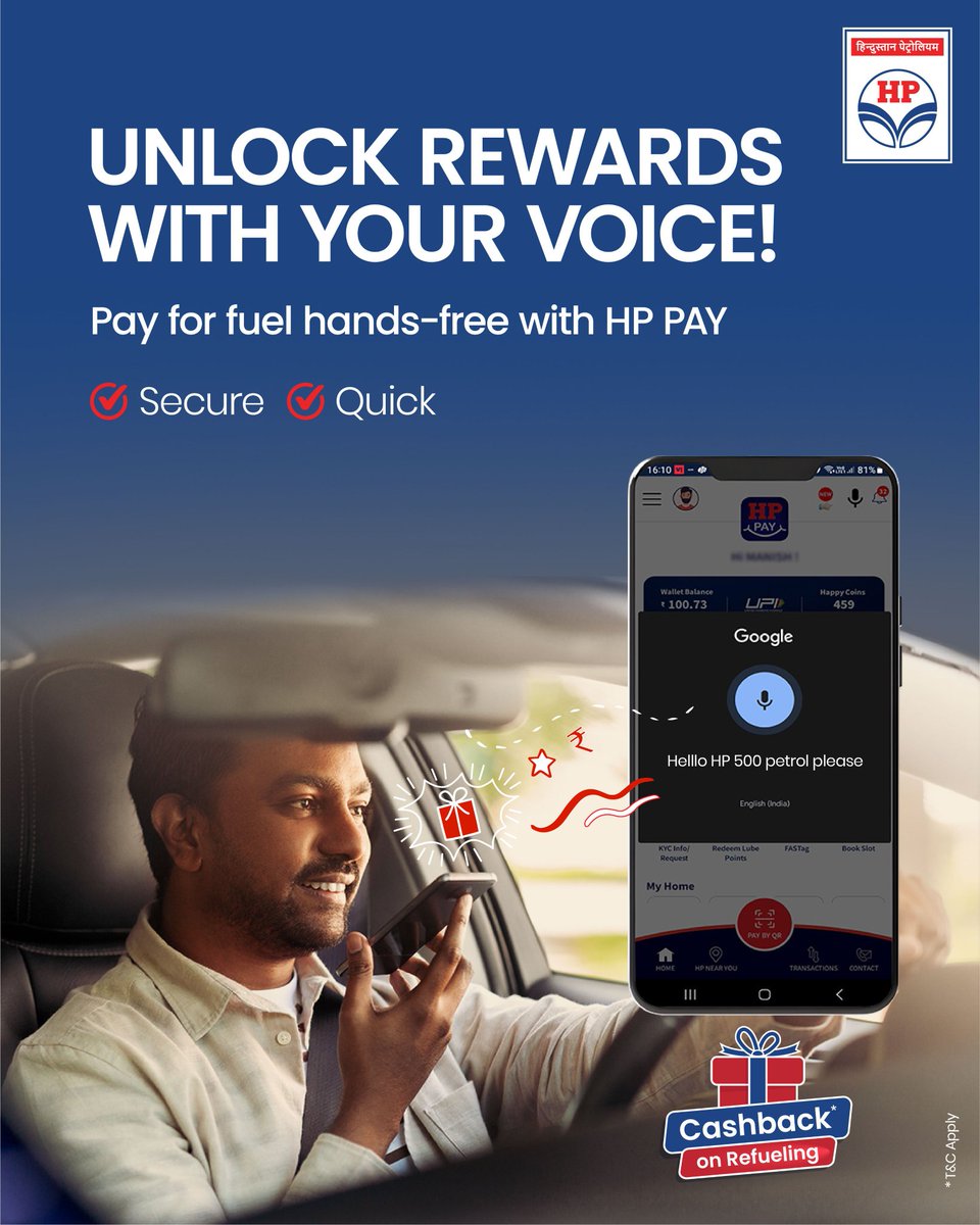 HPCL_Mumbai's tweet image. Pay at HPCL petrol pumps with the Pay by Voice feature.
No need for cash, cards, or even tapping your phone — just allow location access and say the amount &amp;amp; product. It’s that simple.
Hands-free. Hassle-free. Future-ready. #HPCL