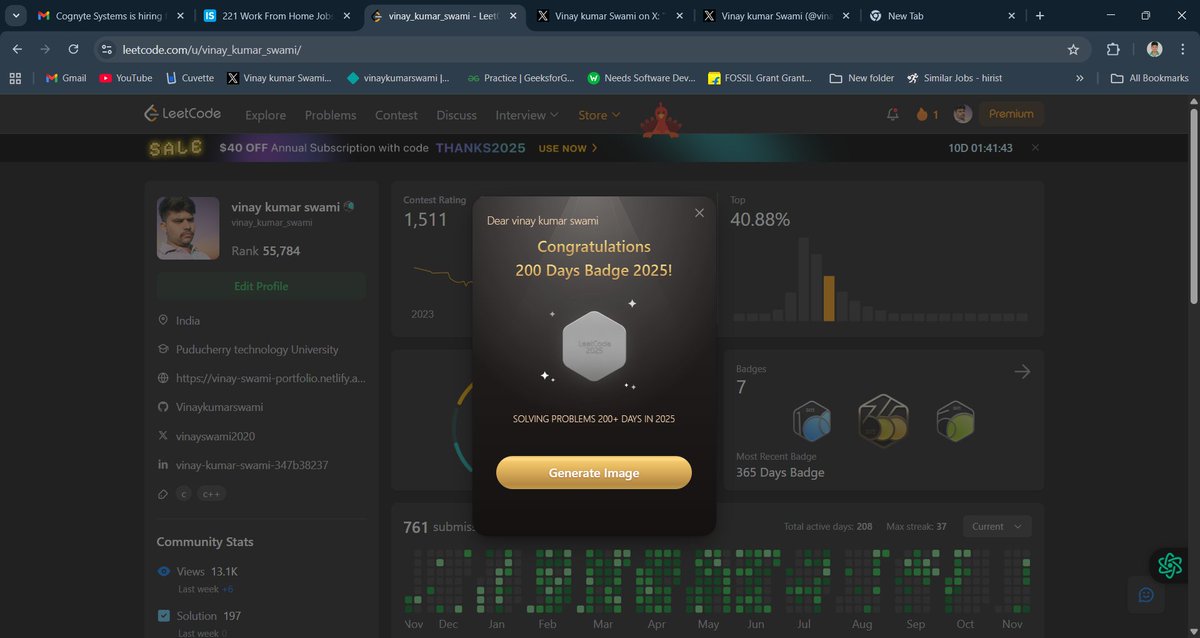 vinayswami2020's tweet image. finally 200 day&apos;s badge mil gya aaj 2025 ka #LeetCode #CodingChallenge #Programming #DSA #100DaysOfCode #letsConnect #GFG #developers #WebDevelopment #Java #coderarmy