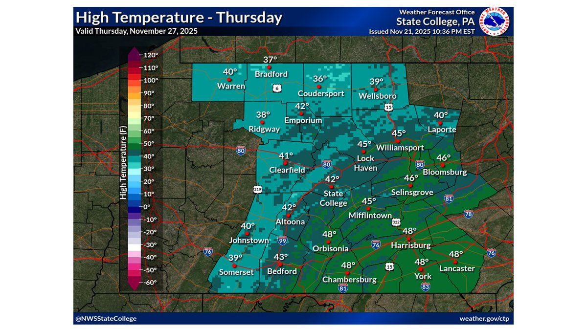 125 AM Saturday November 22nd, 2025: An early look at expected temperatures for Thanksgiving.
