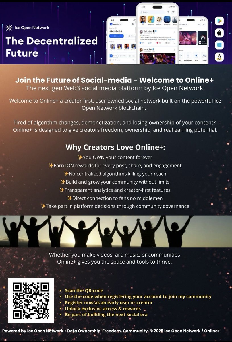 MrRobotCrypto's tweet image. 🚀 Early adopters &amp;amp; creators this one’s for you!

Own your content, earn rewards, build your community.

📲 Scan the QR on the flyer &amp;amp; join Online+ now!

Let’s spread the word together. 💥

#Web3 #Creators #EarlyAccess #SocialMediaReinvented #OnlinePlus #ION