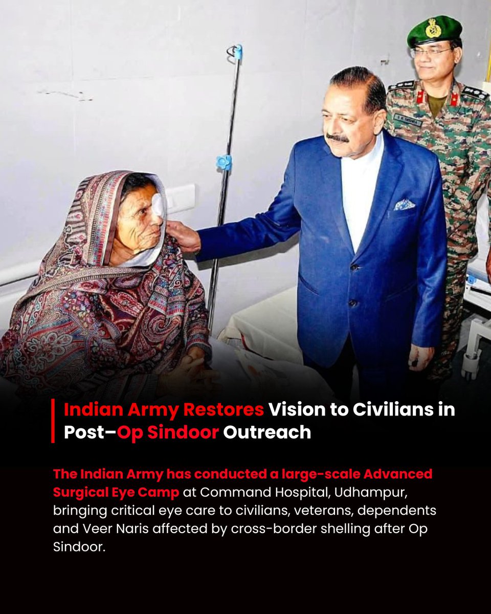 AggarwalaKavish's tweet image. Indian Army Restores Vision in Post–Op Sindoor Outreach
Advanced Eye Camp at Udhampur brings hope to civilians &amp;amp; Veer Naris affected by cross-border shelling.
#IndianArmy #OpSindoor #Udhampur #EyeCamp #ArmyMedicalCorps #Veterans #VeerNaris #IndiaUpdates