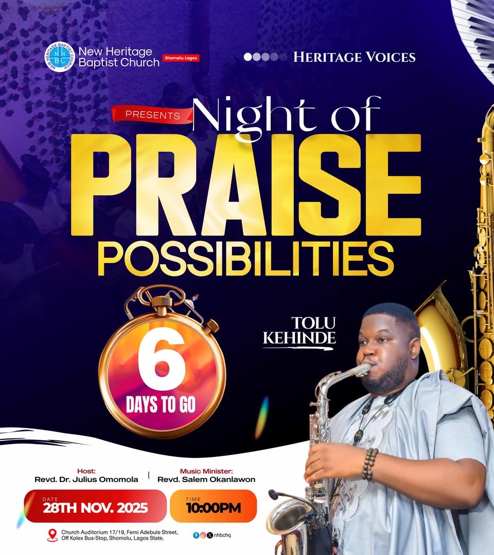6️⃣ days remaining! 

The worship, the atmosphere, the encounter—get ready. 🚦 

#NightOfPraisePossibilities
#NHBCHQ
#HeritageVoices #PraiseAtmosphere
#GodOfPossibilities
#ManifoldGrace
#ManifoldGratitude