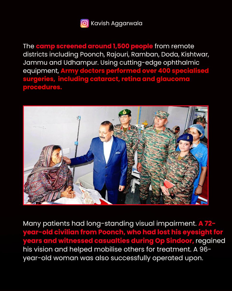 AggarwalaKavish's tweet image. Indian Army Restores Vision in Post–Op Sindoor Outreach
Advanced Eye Camp at Udhampur brings hope to civilians &amp;amp; Veer Naris affected by cross-border shelling.
#IndianArmy #OpSindoor #Udhampur #EyeCamp #ArmyMedicalCorps #Veterans #VeerNaris #IndiaUpdates