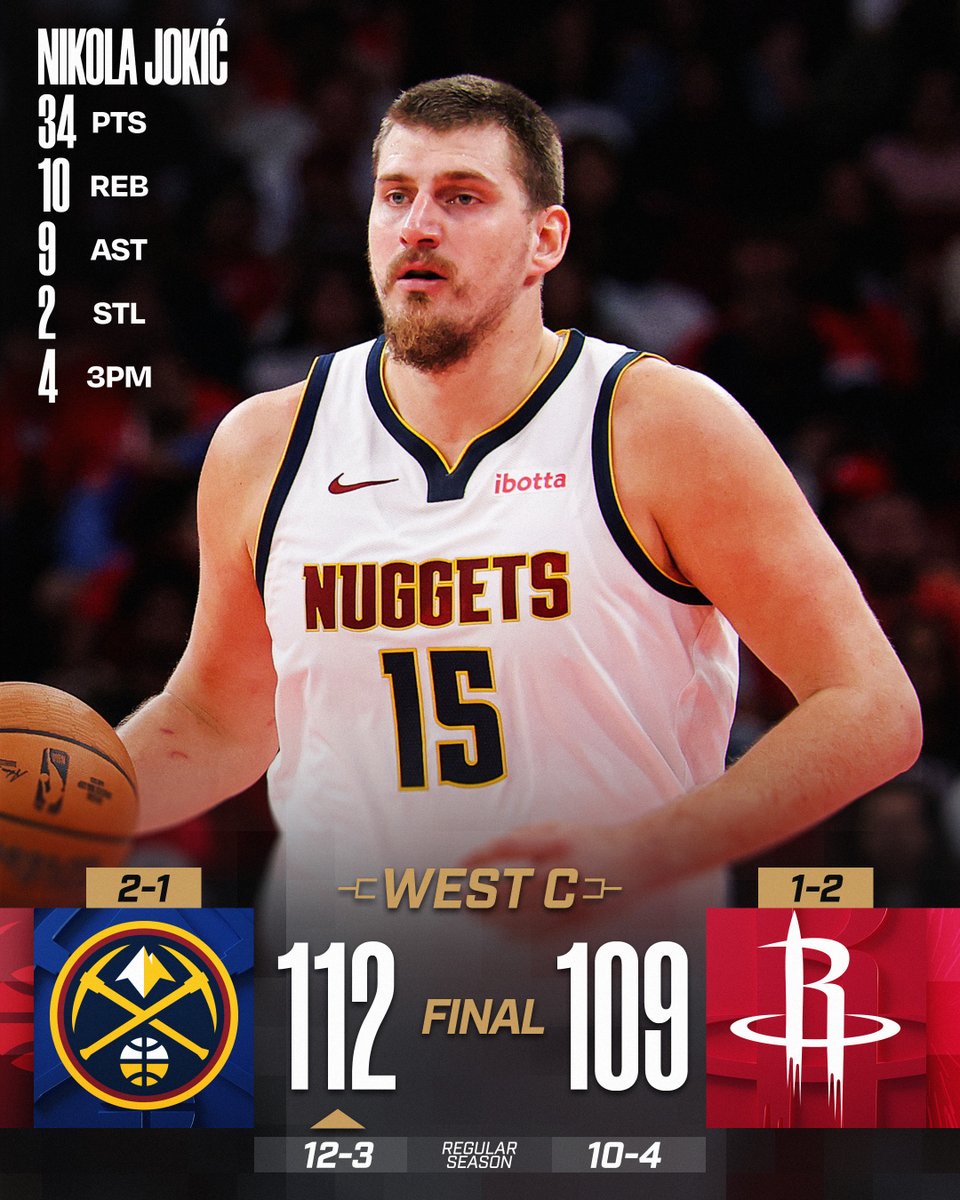 🏀 FRIDAY'S FINAL SCORES 🏀

Nikola Jokić and the @nuggets win their 9th game in 10 outings and move to 2-1 in West Group C with the big win over the Rockets!

Jamal Murray: 26 PTS, 10 AST  