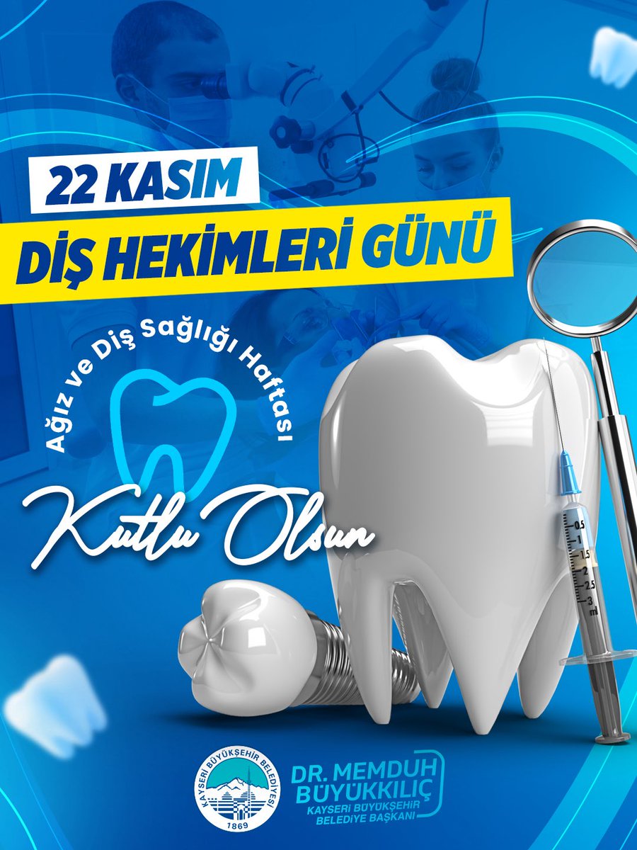 Bugün, ağız ve diş sağlığımız için büyük bir özveriyle çalışan tüm diş hekimlerimizin günü.
Emekleri, gayretleri ve insanımıza verdikleri değer için hepsine ayrı ayrı teşekkür ediyorum.

22 Kasım Diş Hekimleri Günü ve Ağız ve Diş Sağlığı Haftası kutlu olsun.
İyi ki varsınız. 💙