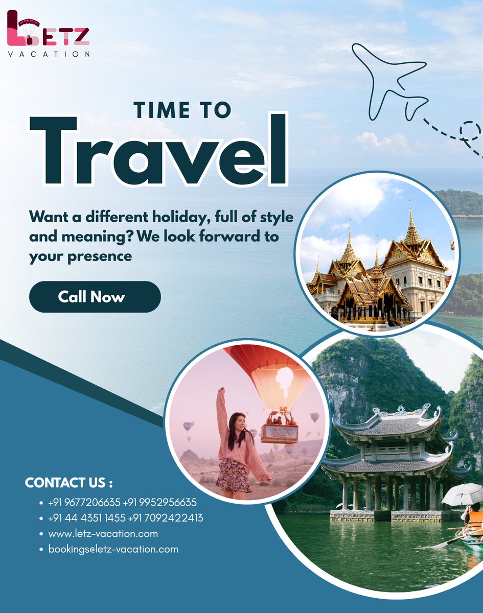 letzBrake's tweet photo. Time to Travel

Contact Us
• +91 9677206635 | +91 9952956635
• +91 44 4351 1455 | +91 7092 422413
• https://t.co/1GlweiK2wU
• bookings@letz-vacation.com https://t.co/yRAMfSFnTT