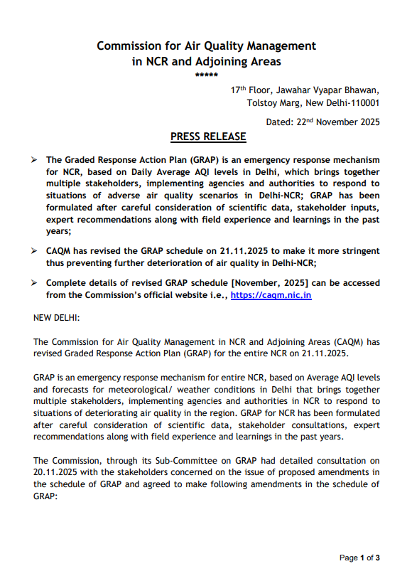 ANI's tweet image. Delhi | The following measures for the &apos;Poor&apos;, &apos;Very Poor&apos; and &apos;Severe&apos; AQI categories, currently under GRAP Stage IV to be taken under GRAP Stage III, including the following: 

1. NCR State Governments/GNCTD to take a decision on allowing public, municipal and private offices…