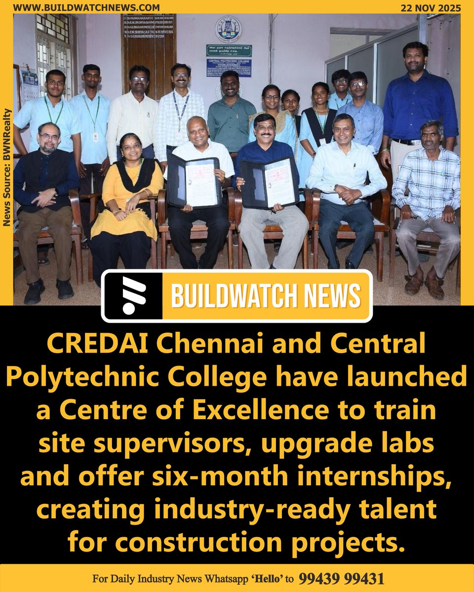 BuildWatchNEWS's tweet image. CREDAI Chennai, Central Polytechnic set up Centre of Excellence to strengthen construction workforce

🔗Read more:buildwatchnews.com/credai-chennai…

#CREDAIChennai #ConstructionSector #WorkforceTraining #InfrastructureIndia #TalentDevelopment #IndustryUpdate #LinkedInNews #GrowthStory
