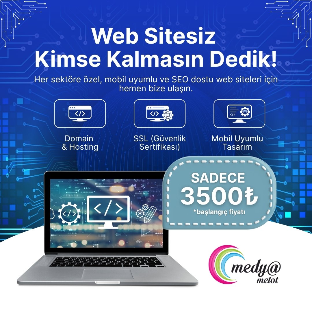 medya_metot's tweet image. | Web Sitesiz Kimse Kalmasın Dedik!

Her sektöre özel, mobil uyumlu ve SEO dostu web siteleri için hemen bize ulaşın.

Domain, Hosting, SSL (Güvenlik Sertifikası), Mobil Uyumlu Tasarım ve dahası sadece 3500 TL başlangıç fiyatıyla..

#webtasarım #webtabanlıtasarım #website