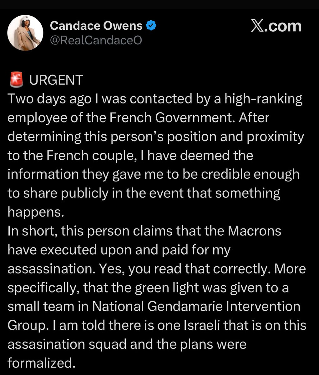 NurseShani8's tweet photo. 🚨Breaking: The Macrons have executed upon and paid for  Candace Owen’s assassination, and truth about Charlie! https://t.co/juUqPAr4Dt