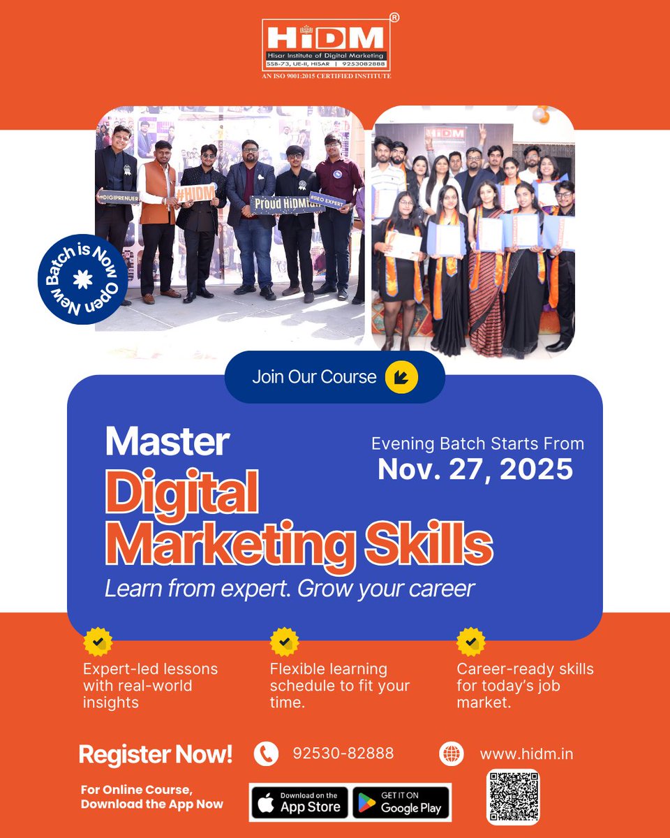 hidmhisar's tweet image. Evening&apos;s New Batch Starts On November 27, 2025 (Thursday)
Book A Free Demo Class – forms.gle/j8q3RTqrzaBp8u…
 9253082888 | hidm.in
#HIDM #DigitalMarketingCourse #HisarStudents #DigitalMarketing #NewBatchAlert #CareerGoals #LearnDigitalMarketing