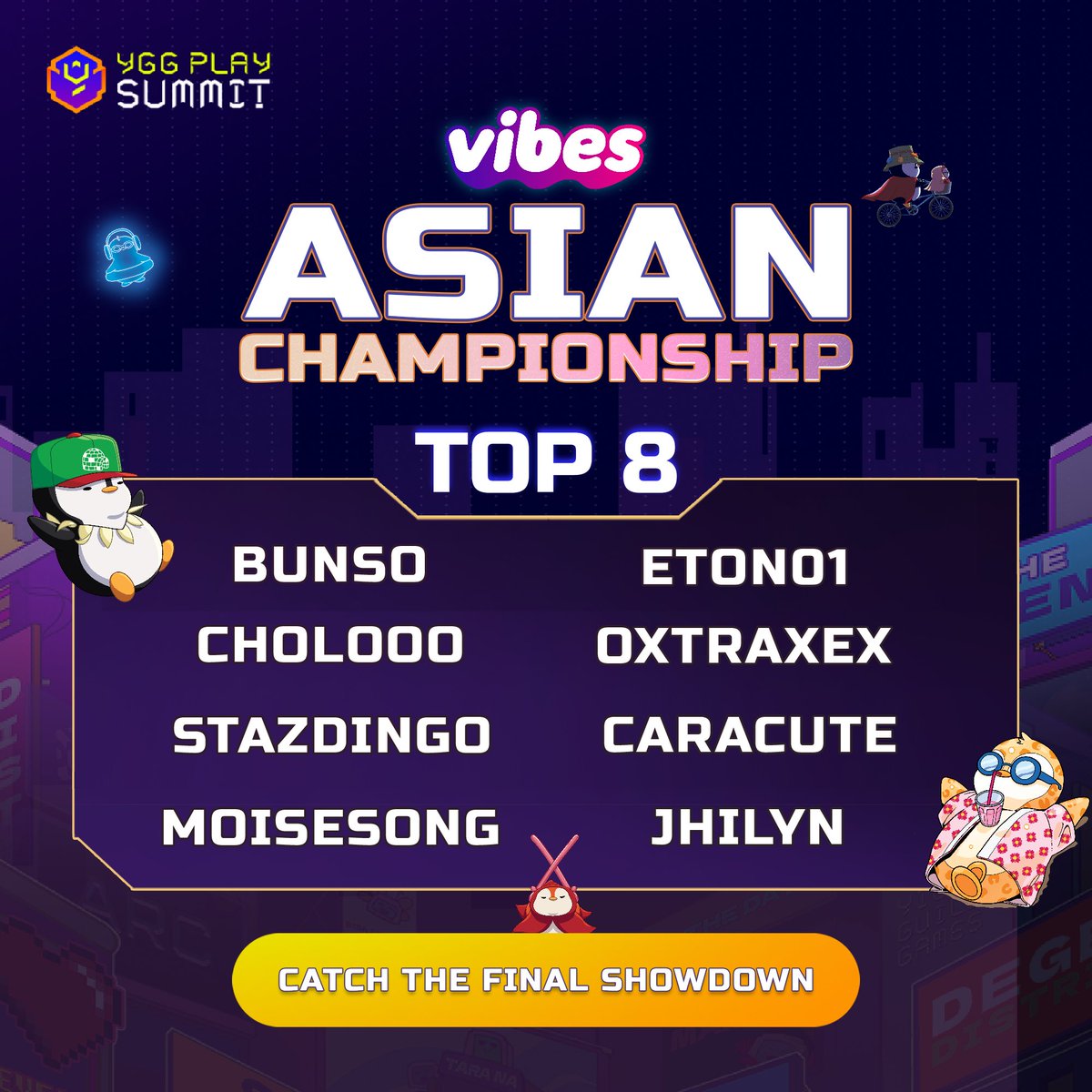 YGGPlaySummit's tweet image. The Top 8 of the @vibes_tcg Asian Championship is officially locked in. These contenders are now fighting for the $20,000 prize pool 🏆🔥

You can still join the hype of the #YGGPlaySummit2025. Complete your ARC quests at go.yggplaysummit.com/arc and unlock more rewards while you…