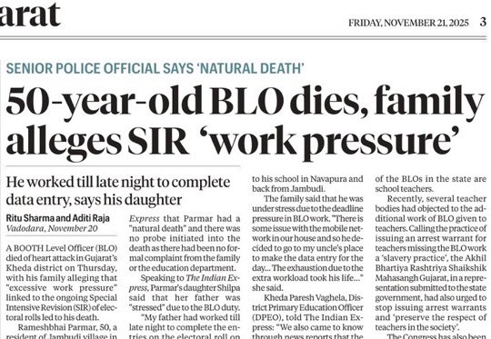 SaralPatel's tweet image. BLOs across India are dying by suicide because of the mental pressure and torture they are being put under by the EC and Gyanesh Kumar.

These are institutional deaths, and only @ECISVEEP and Gyanesh Kumar are responsible for them.

Till now, the EC has not said a single word…
