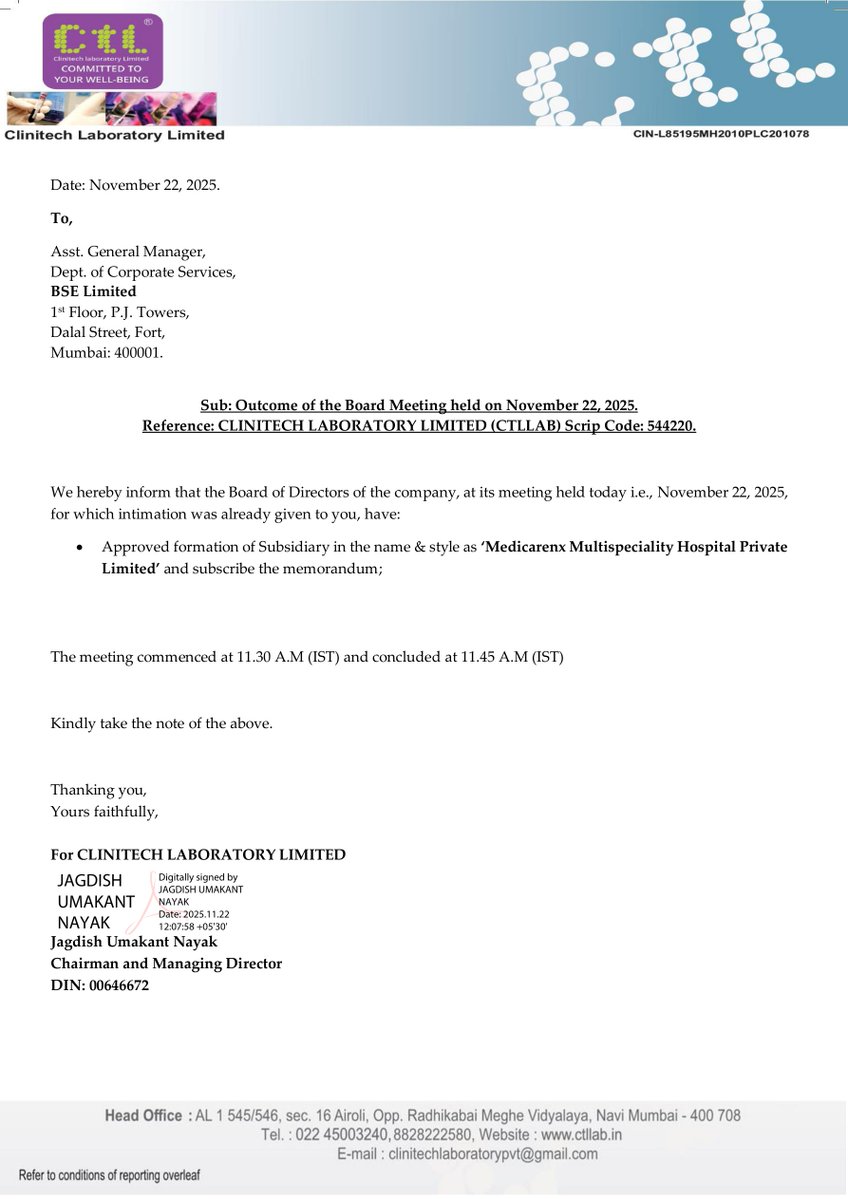 _Investor_Feed_'s tweet image. Clinitech Lab Expands with New Hospital Subsidiary 🏥 | MCap 10.07 Cr

- Clinitech Laboratory Ltd&apos;s Board approved the formation of new subsidiary &apos;Medicarenx Multispeciality Hospital Private Limited&apos;.
- The Board also approved subscribing to the memorandum of the new subsidiary.…