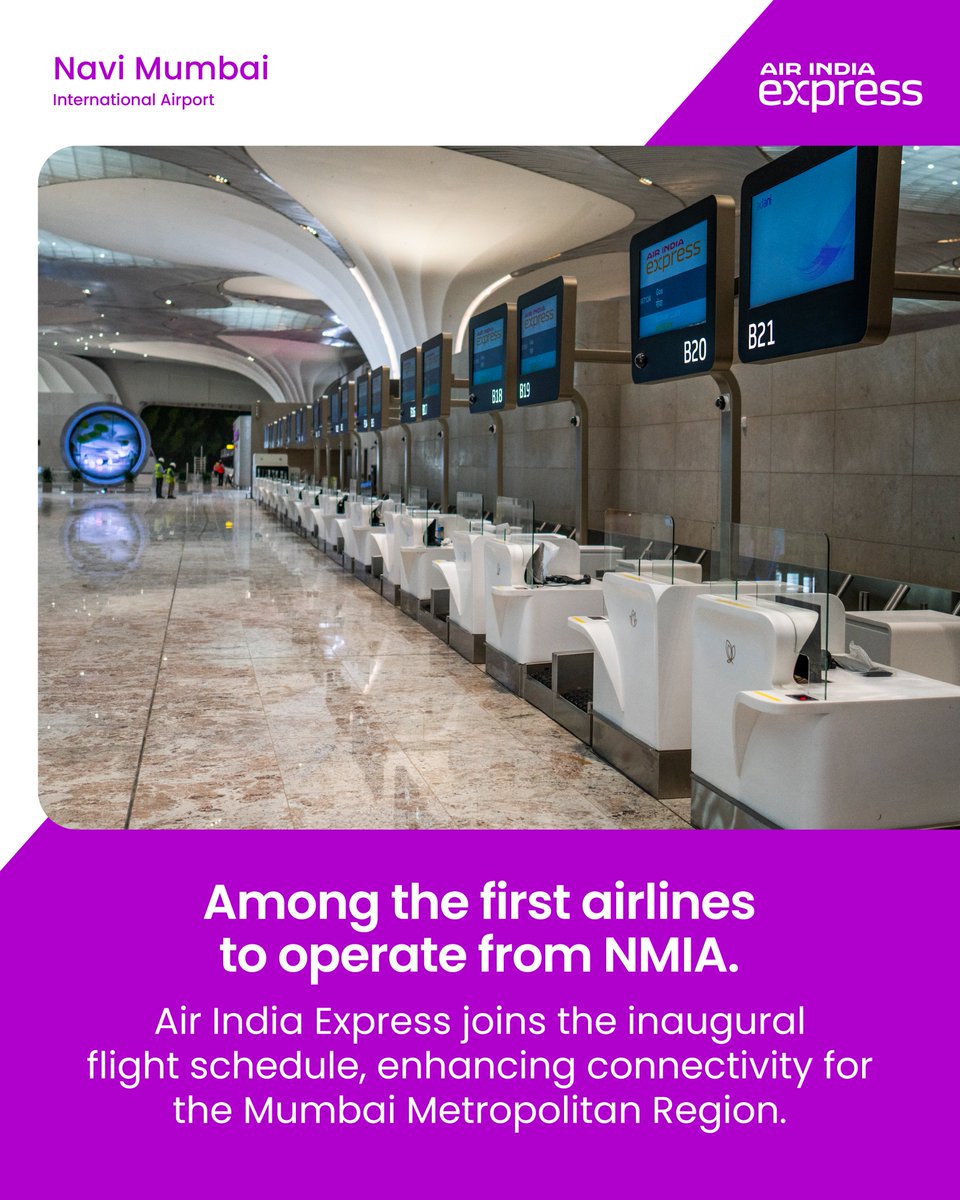 navimumairport's tweet image. As #NaviMumbai prepares for its first day of operations, @AirIndiaX comes on board with key domestic connections starting 25 December 2025.

#NMIA #AirIndiaExpress #FirstFlight #NaviMumbai #Airport #Aviation